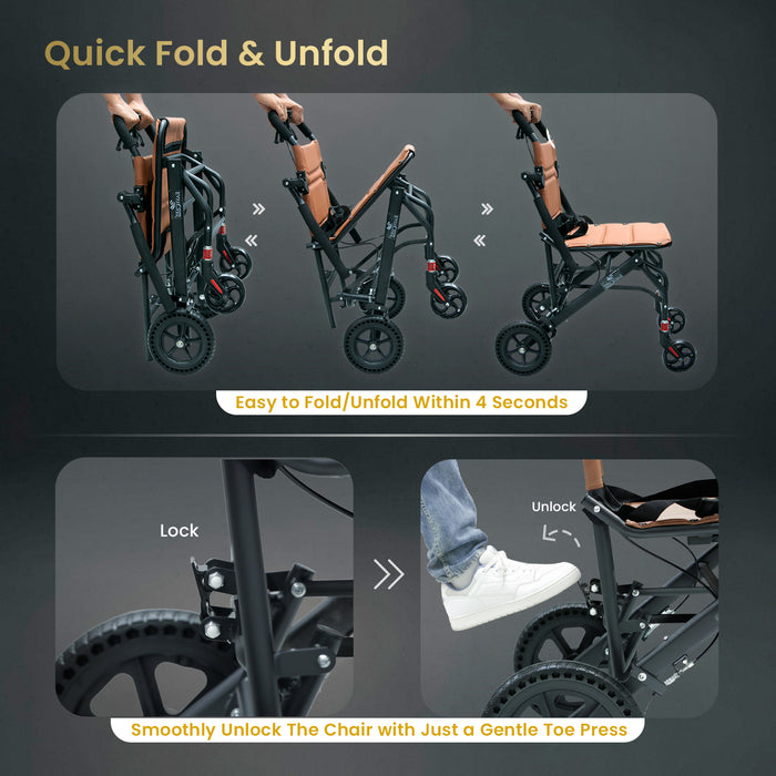 EASYCARE Portable Mild Steel Traveling Wheelchair with 105 kg Capacity, Attendant Brake, Safety Belt, Back Pocket, Carry Bag, and Handle Feature for Easy Travel and Mobility (EC9007)