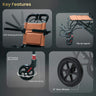 Key features of a traveling wheelchair with labeled components on a dark background