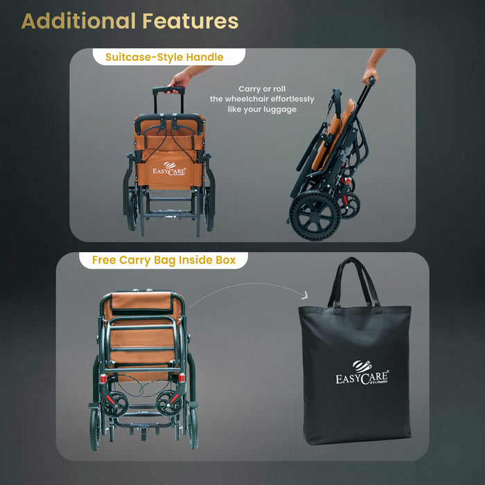 EASYCARE Portable Mild Steel Traveling Wheelchair with 105 kg Capacity, Attendant Brake, Safety Belt, Back Pocket, Carry Bag, and Handle Feature for Easy Travel and Mobility (EC9007)