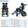 Measurement chart of a blue wheelchair with labeled dimensions on a white background