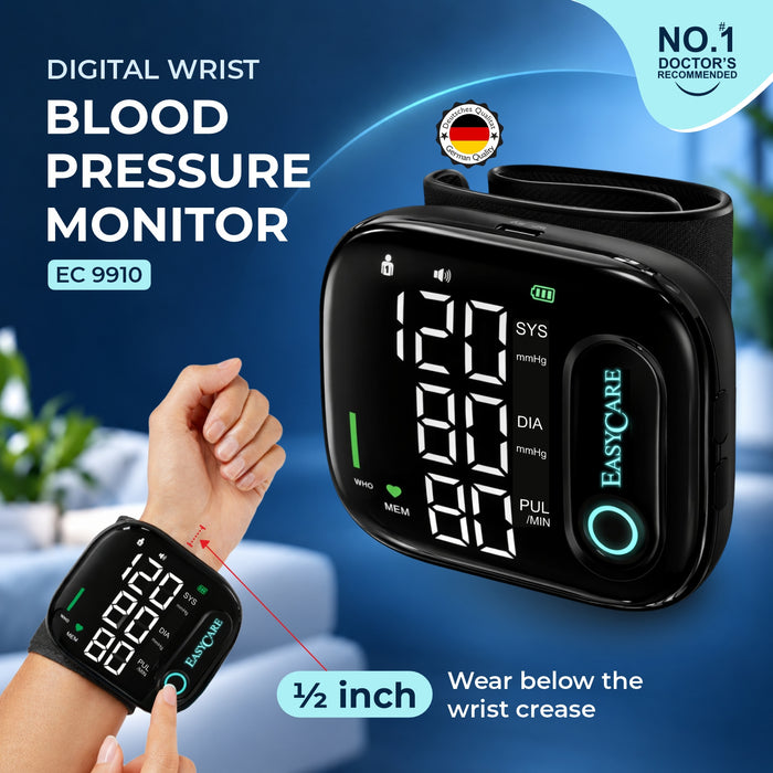 EASYCARE EC9910 Digital Wrist Blood Pressure Monitor for Home Use | Rechargeable BP Machine with Large LED Display, Voice Guidance, 2 Users × 99 Memory, Pulse Rate & Irregular Heartbeat Indicator