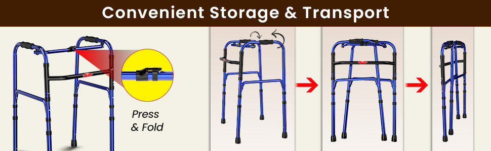 Foldable walker with press and fold feature on a white background