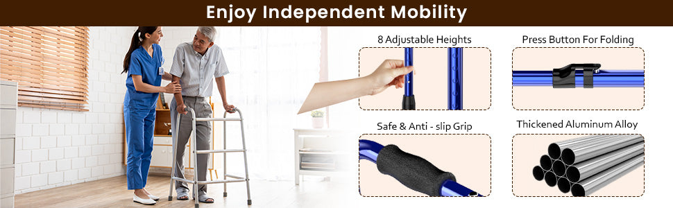 Product advertisement for a walker with features highlighted, including adjustable heights and safety features.
