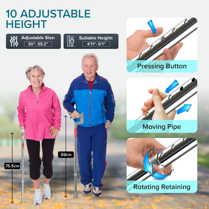 EASYCARE Premium Walking Stick | Lightweight Aluminium with 10 Height Levels Adjustable | Ergonomic Handle, Anti-Slip Base | Support for Old Age Seniors, Men, Women & Patients (Single Leg) (EC920VH)