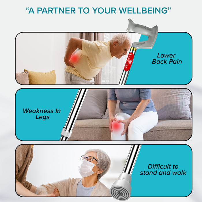Product advertisement showing its use for lower back pain, weakness in legs, and difficulty standing and walking.
