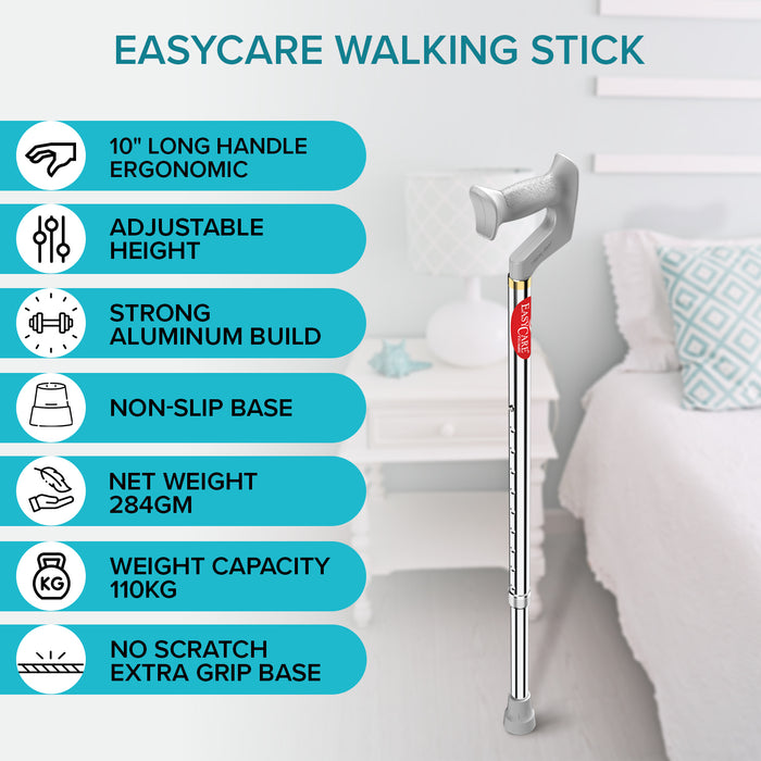 Easycare walking stick with features listed on a white background