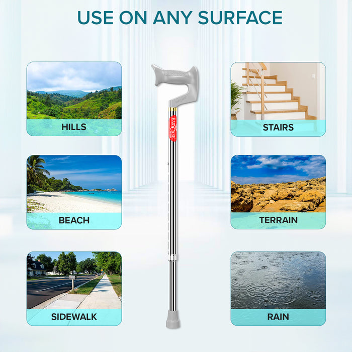 walking stick with adjustable handle on a light blue background with images of different terrains.