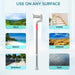 walking stick with adjustable handle on a light blue background with images of different terrains.