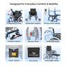 electric Wheelchair features with labeled advantages on a white background