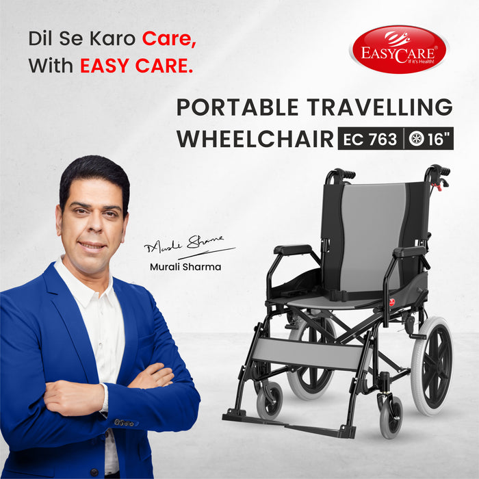 Advertisement for Easy Care portable travelling wheelchair with a man in a blue jacket and the Easy Care logo.