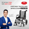 Advertisement for Easy Care portable travelling wheelchair with a man in a blue jacket and the Easy Care logo.