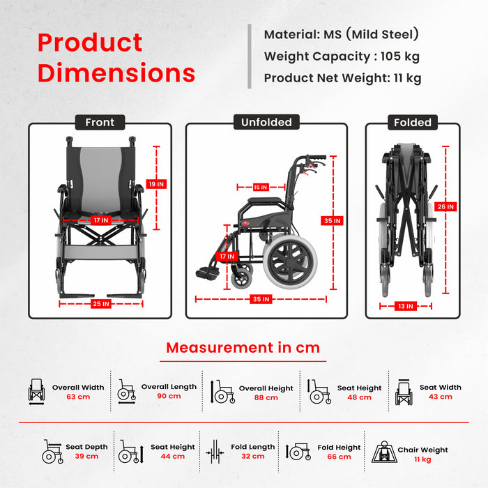 Wheelchair dimensions chart with measurements in centimeters on a gray background