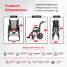 Wheelchair dimensions chart with measurements in centimeters on a gray background