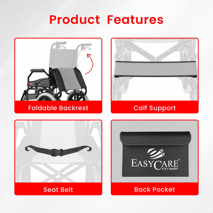 Product features of a wheelchair with foldable backrest, calf support, seat belt, and back pocket on a white background.