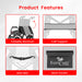 Product features of a wheelchair with foldable backrest, calf support, seat belt, and back pocket on a white background.