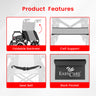 Product features of a wheelchair with foldable backrest, calf support, seat belt, and back pocket on a white background.