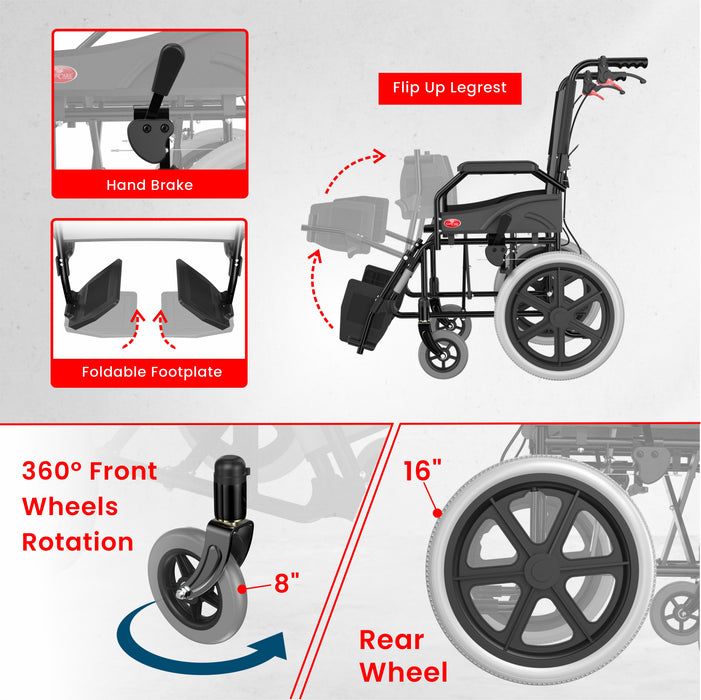Wheelchair with features highlighted on a gray background