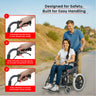 Person using a wheelchair with safety features highlighted, outdoors.