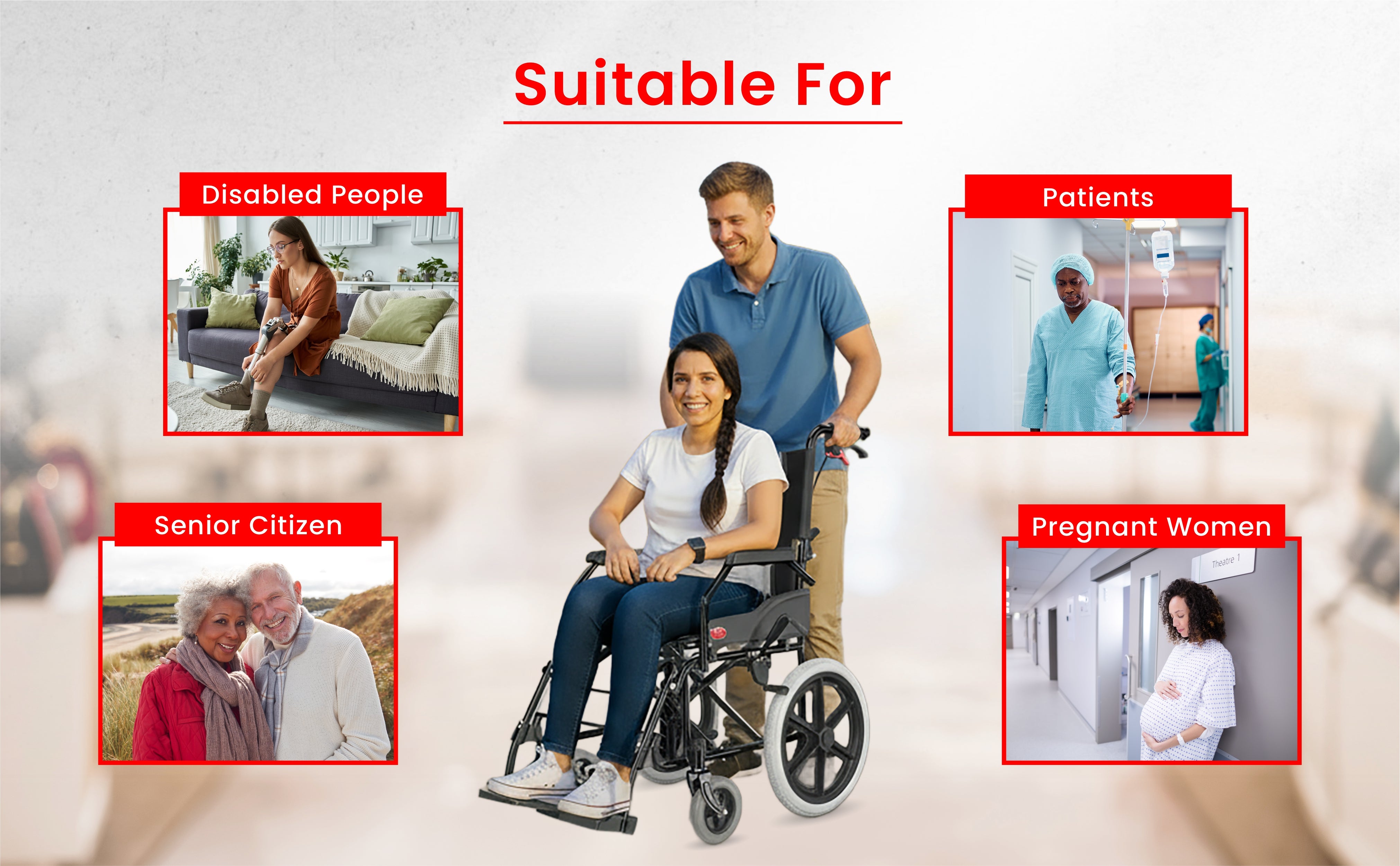Promotional image of a wheelchair with text indicating suitability for disabled people, patients, senior citizens, and pregnant women.