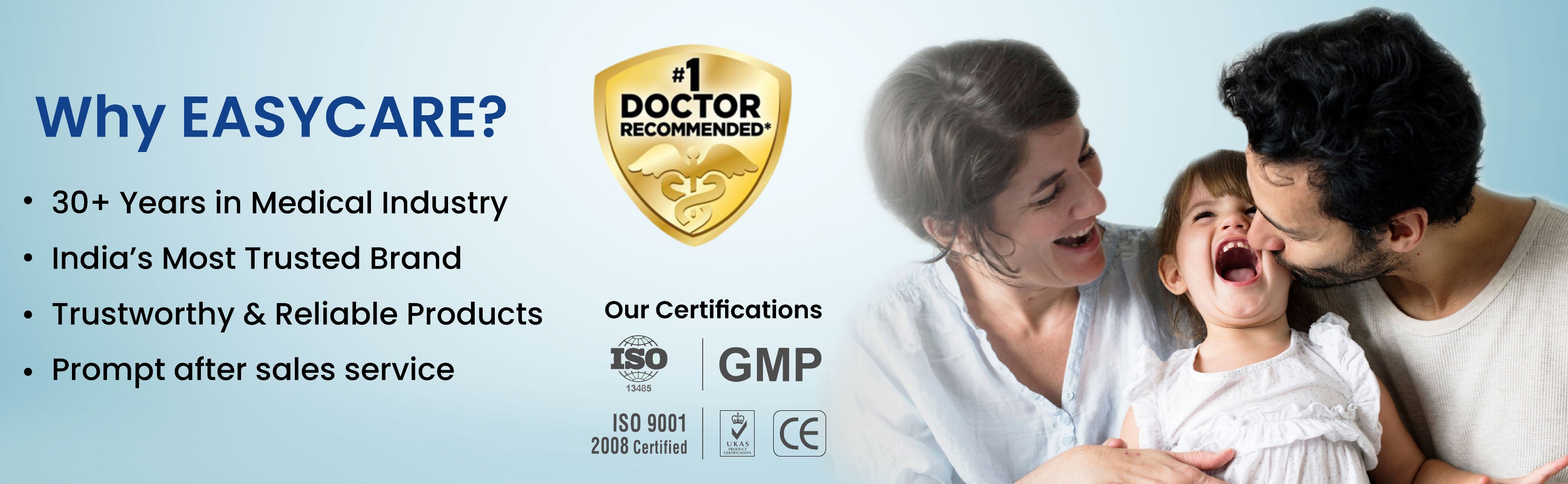 Advertisement for EASYCARE with family and certifications on a light blue background