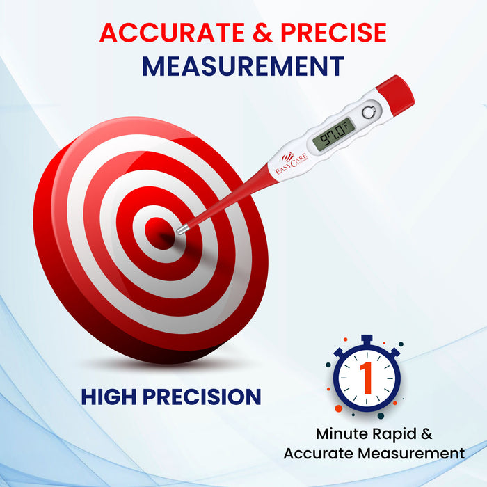 An infographic for an accurate digital thermometer, using a bullseye graphic to represent high precision and a timer to show its 1-minute rapid measurement.