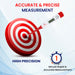An infographic for an accurate digital thermometer, using a bullseye graphic to represent high precision and a timer to show its 1-minute rapid measurement.
