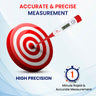 An infographic for an accurate digital thermometer, using a bullseye graphic to represent high precision and a timer to show its 1-minute rapid measurement.