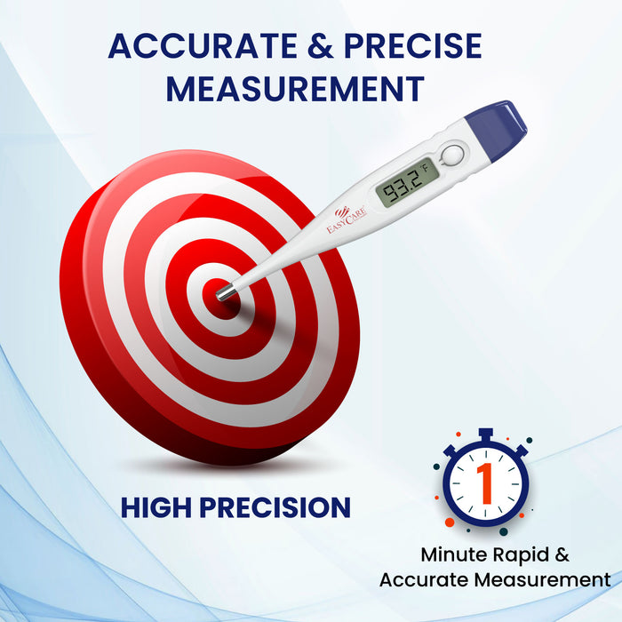 An infographic for a digital thermometer, using a bullseye graphic to represent high precision and a timer to show its 1-minute rapid and accurate measurement.