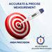 An infographic for a digital thermometer, using a bullseye graphic to represent high precision and a timer to show its 1-minute rapid and accurate measurement.