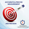 An infographic for a digital thermometer, using a bullseye graphic to represent high precision and a timer to show its 1-minute rapid and accurate measurement.