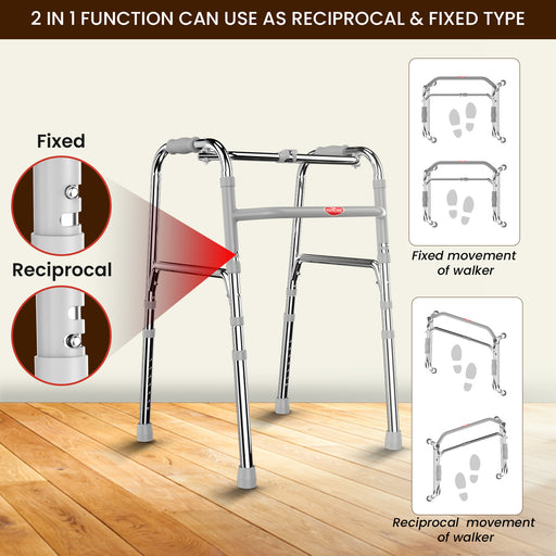 Aluminum Foldable Walker with 2-in-1 Fixed and Reciprocal Movement Function – Lightweight, Adjustable Support for Elderly and Disabled