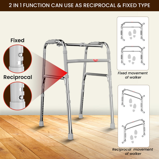 Aluminum Foldable Walker with 2-in-1 Fixed and Reciprocal Movement Function – Lightweight, Adjustable Support for Elderly and Disabled