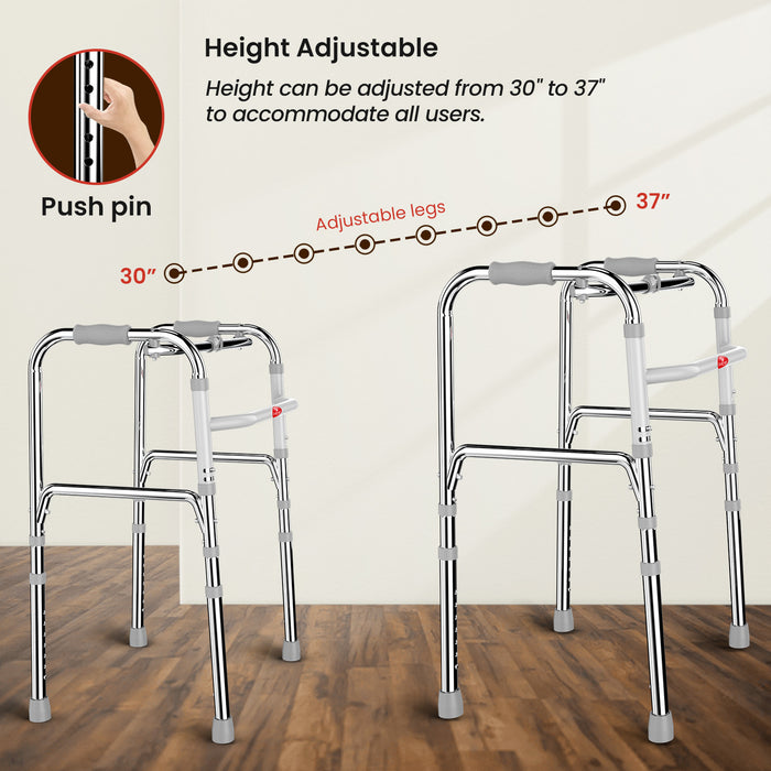 Aluminum Foldable Walker with Push Pin 8-Height Adjustable Legs – Lightweight Support for Elderly and Disabled from 30 to 37 Inches