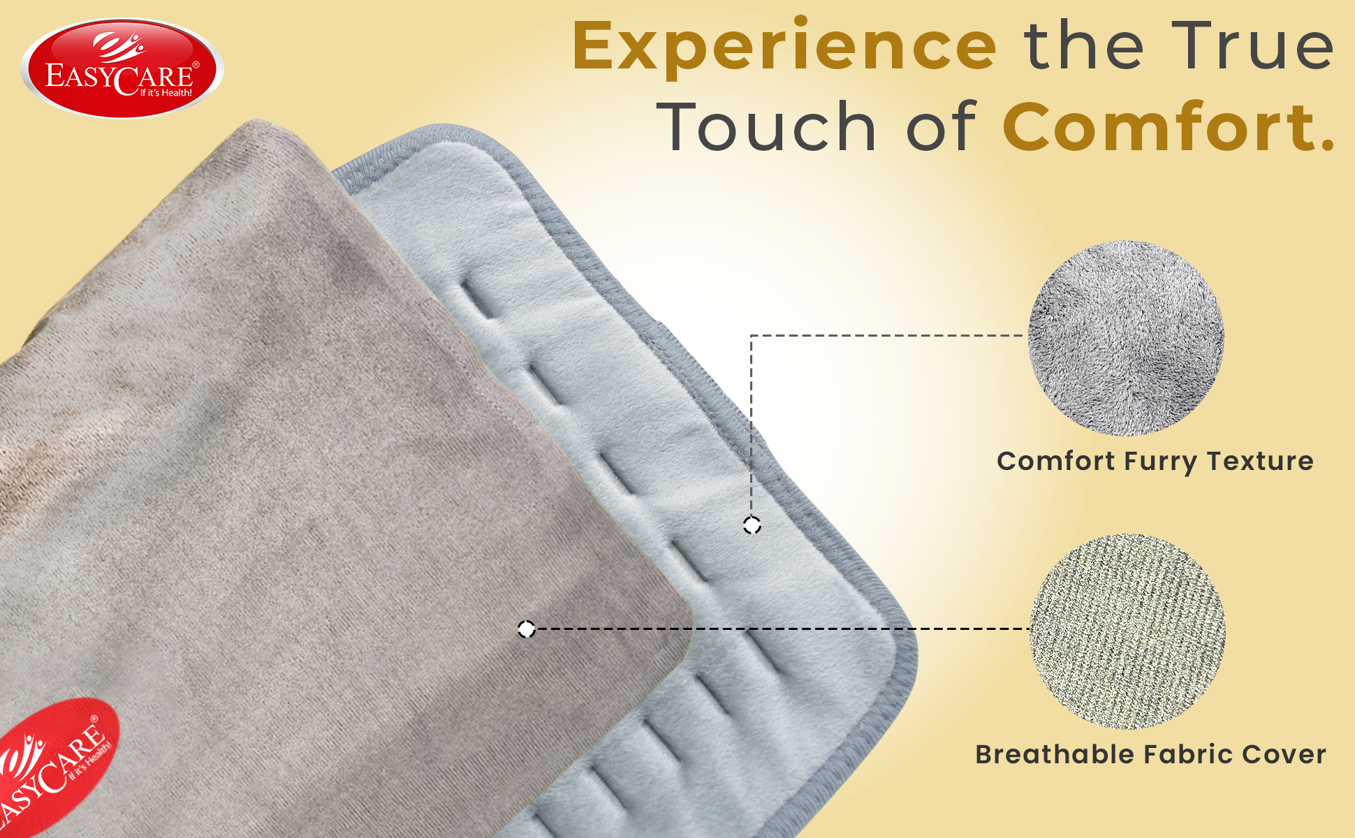 Gray fabric heating pad with comfort features highlighted, featuring Easycare branding.