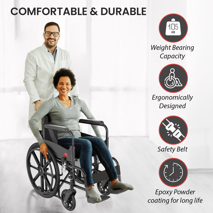 Comfortable and durable foldable commode wheelchair with 105 kg weight-bearing capacity, ergonomically designed safety belt, and epoxy powder coating for long-lasting use. Ideal for elderly and patients with enhanced comfort and support.
