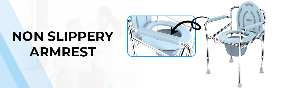 Stainless steel toilet seat with non-slippery armrest on a white background