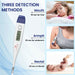 An infographic demonstrating the "Three Detection Methods" for a digital thermometer, showing its use for oral, armpit, and rectal temperature measurements.