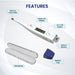 An exploded-view infographic of a digital thermometer, labeling its key components, including the mercury-free probe, large LCD display, lithium battery, and a protective handcase.