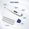 An exploded-view infographic of a digital thermometer, labeling its key components, including the mercury-free probe, large LCD display, lithium battery, and a protective handcase.