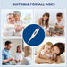 An infographic for a digital thermometer, highlighting its suitability for all ages, including seniors, children, and adults, promoting it as a family-friendly and reliable device.