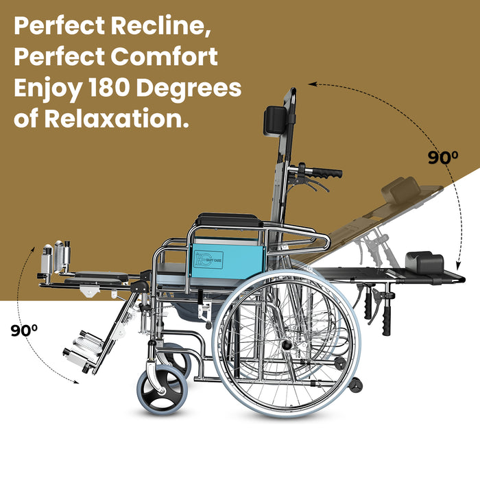 An infographic showing a reclining commode wheelchair in a full 180-degree recline position, highlighting its perfect comfort and relaxation.