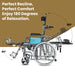 An infographic showing a reclining commode wheelchair in a full 180-degree recline position, highlighting its perfect comfort and relaxation.