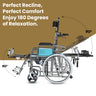 An infographic showing a reclining commode wheelchair in a full 180-degree recline position, highlighting its perfect comfort and relaxation.
