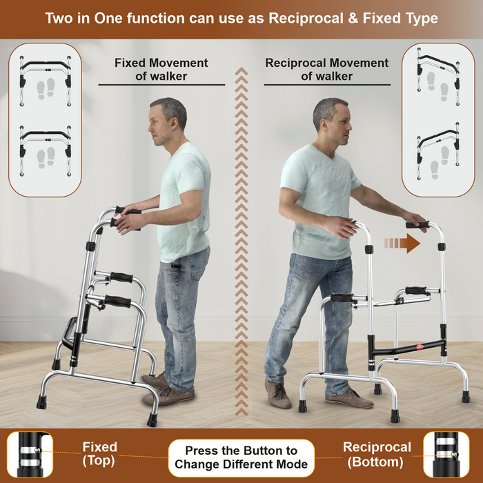 EASYCARE 2-in-1 Walker - Dual Mode Functionality with Fixed and Reciprocal Movement Options for Adjustable Walking Assistance. Easily Switch Between Fixed (Top) and Reciprocal (Bottom) Modes by Pressing the Button for Versatile Mobility Support