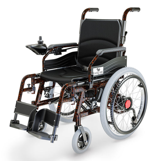 EasyCare Automatic Aluminium Wheelchair with dual motors, 22-inch rear wheels, foldable backrest, flip-up armrests, and removable battery box for easy charging.