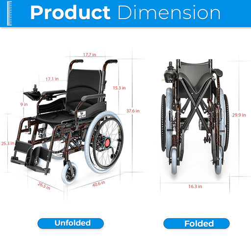 EasyCare Automatic Aluminium Wheelchair size guide showing detailed product dimensions including seat width, height, backrest height, and wheel size.