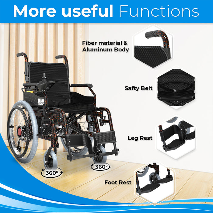 EasyCare Automatic Aluminium Wheelchair features highlighted: lightweight fiber and aluminum body, safety belt, leg rest, footrest, and 360° mobility support.