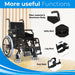 EasyCare Automatic Aluminium Wheelchair features highlighted: lightweight fiber and aluminum body, safety belt, leg rest, footrest, and 360° mobility support.