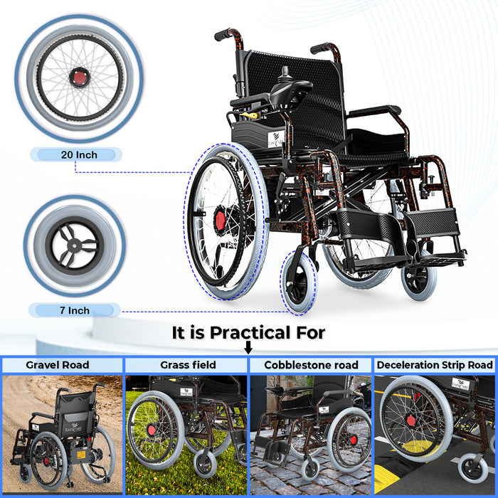 EasyCare Automatic Aluminium Wheelchair with 20-inch rear wheels and 7-inch front wheels, designed for smooth performance on gravel roads, grass fields, cobblestone paths, and deceleration strips.