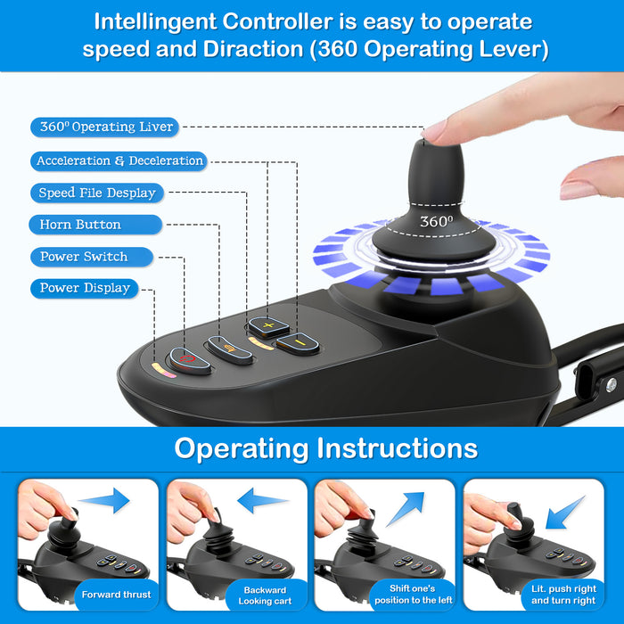 EasyCare Automatic Aluminium Wheelchair intelligent controller with 360° operating lever, speed and direction control, acceleration and deceleration buttons, horn, power switch, and display features with clear operating instructions.